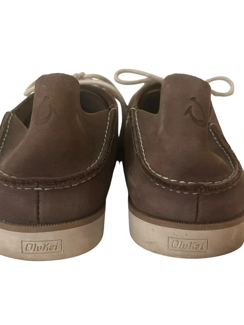 OluKai Holokai Brown Suede Moc Toe Slip-On Loafers with Cream Laces